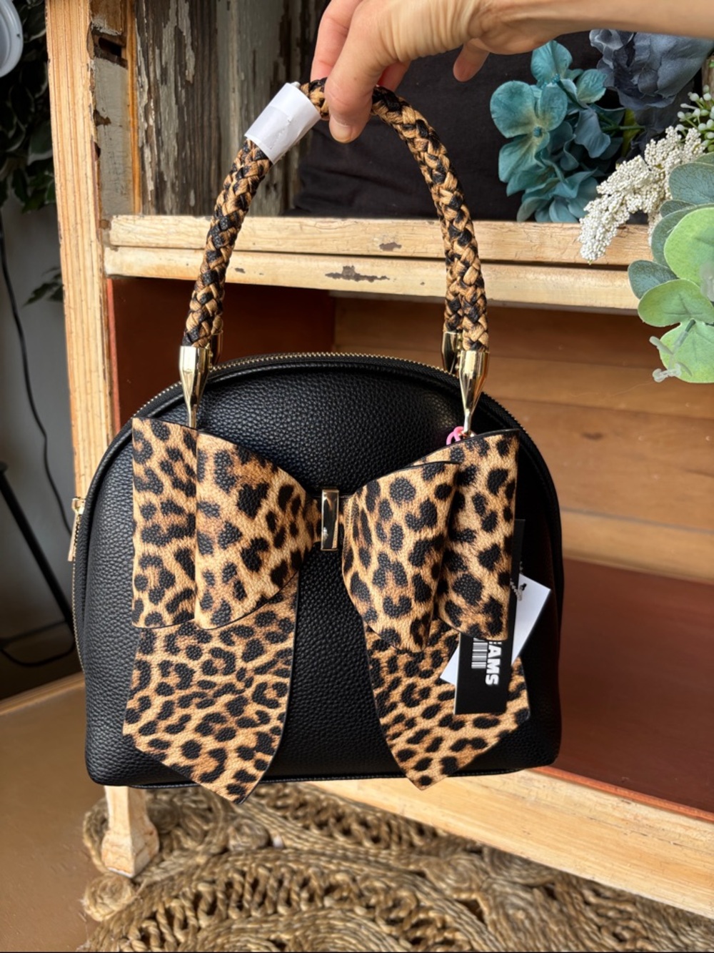 Black Satchel with Leopard Bow Accent